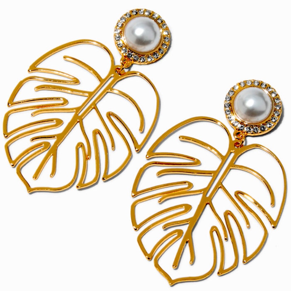 Gold-Tone Monstera Leaf Cutout 3" Drop Earrings - NWT